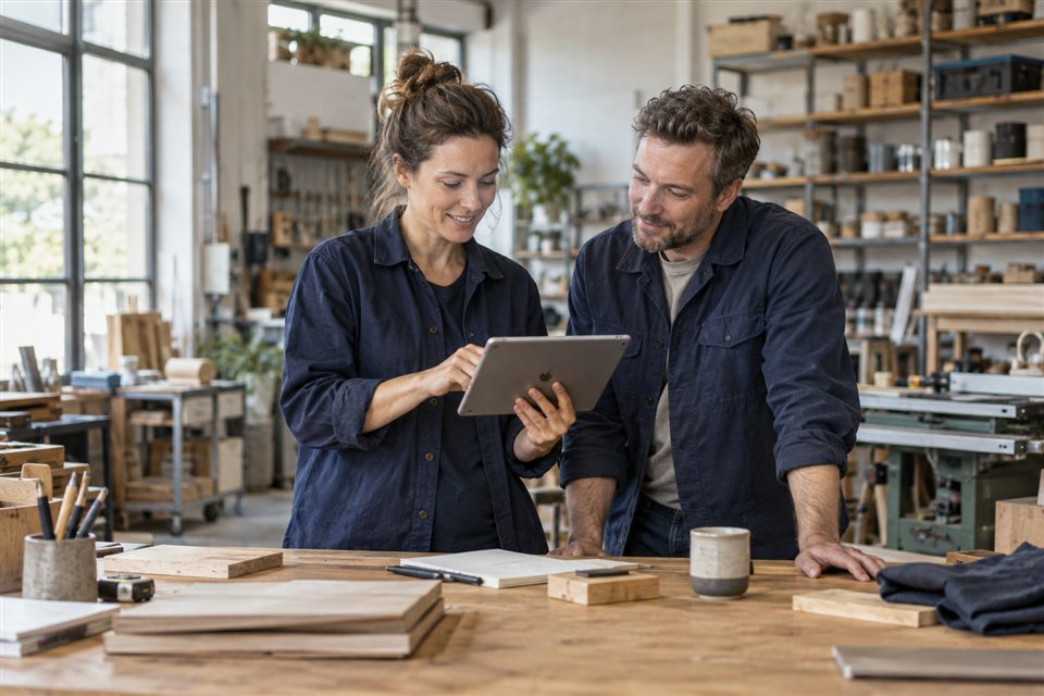 Zwei Mitarbeitende besprechen einen Auftrag am Tablet in einer hellen Holzwerkstatt.