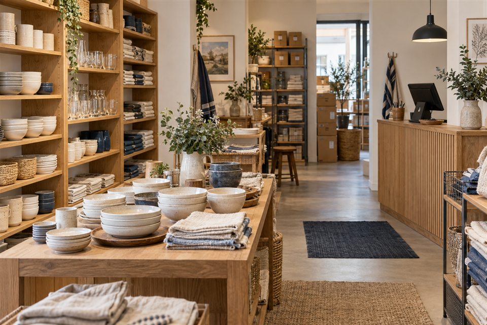Ladengeschäft mit Holzregalen, Keramikgeschirr, Textilien und einer Kassentheke.