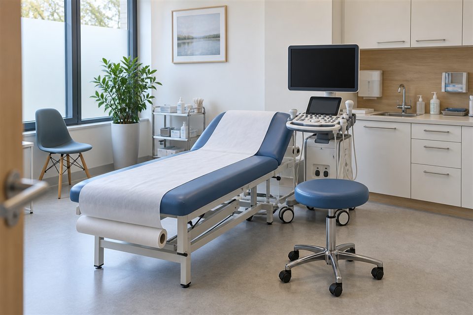 Heller Behandlungsraum mit Untersuchungsliege, Ultraschallgerät und medizinischen Schränken.