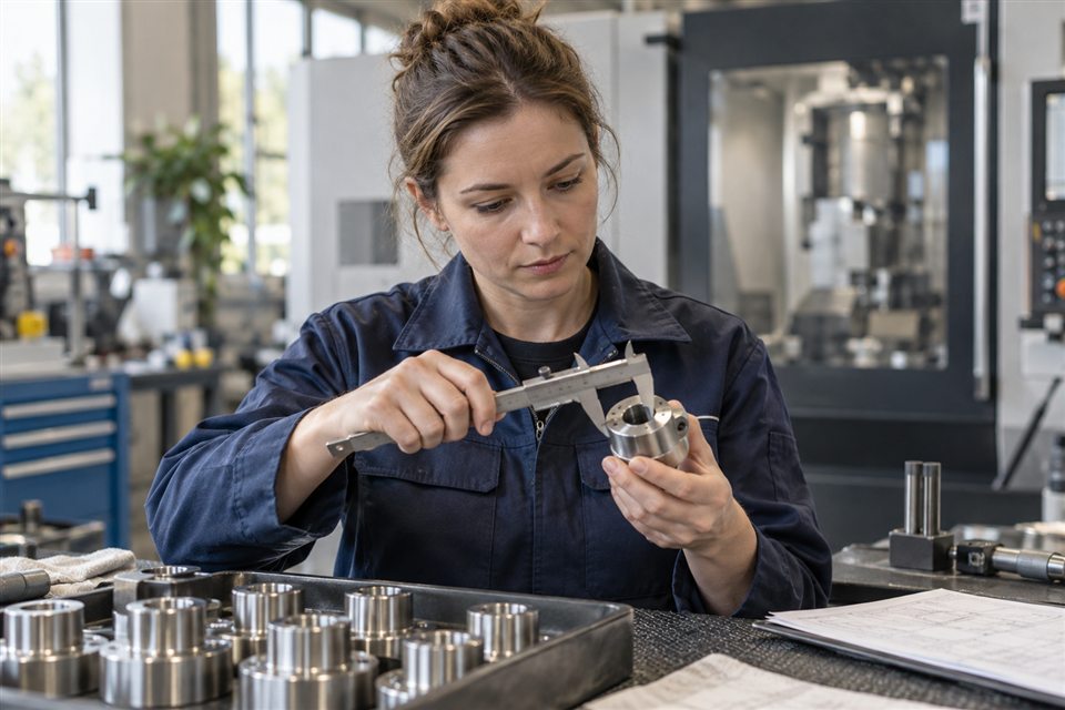 Mitarbeiterin prüft ein Metallbauteil mit einem Messschieber an einem Arbeitsplatz in der Fertigung.